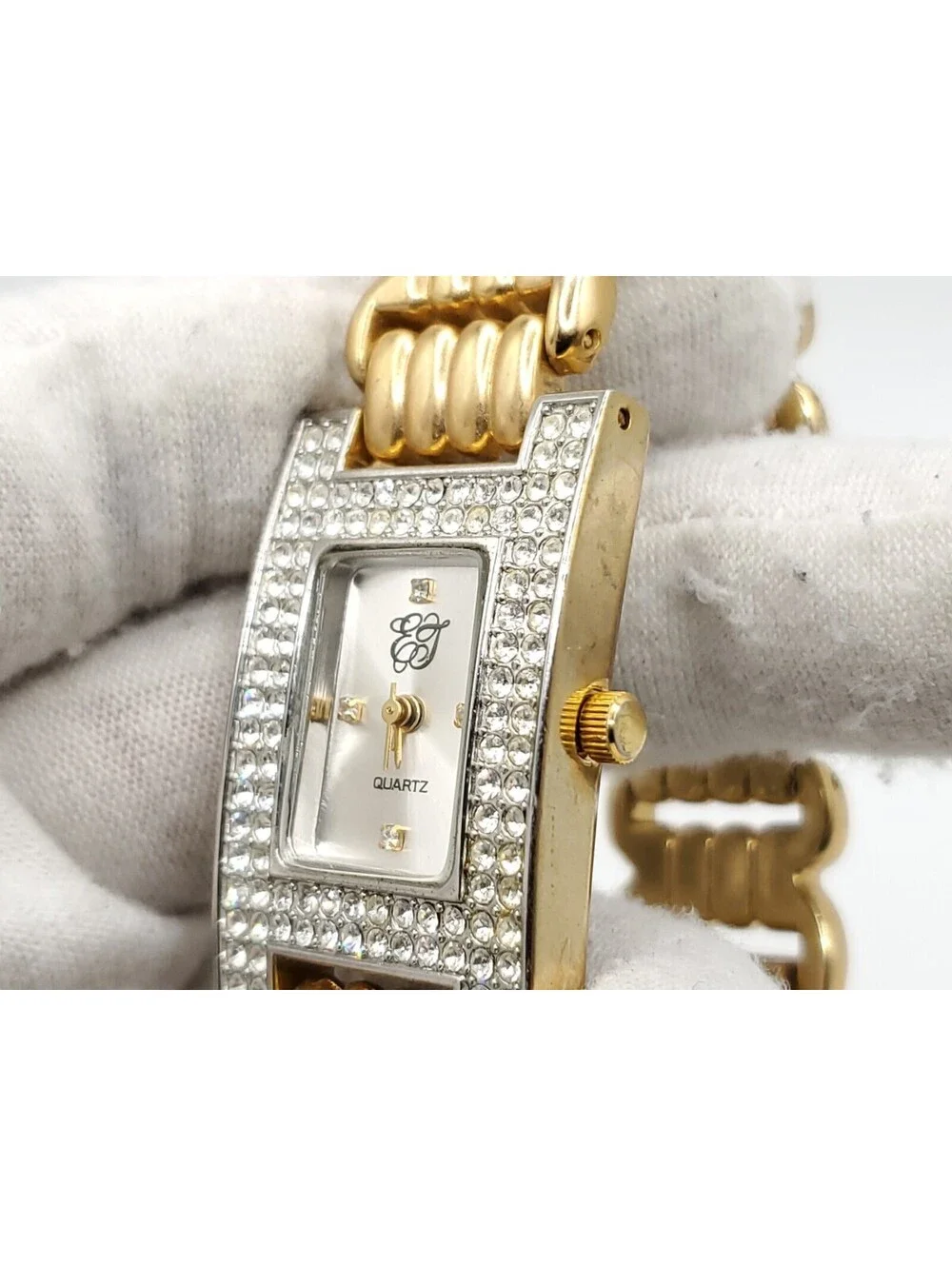 Elizabeth Taylor Womens Watch New Battery Gold Tone Silver Dial Rectangle 22mm